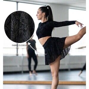 Bloch Large Black Animal Zebra Print Mesh Flocked Velvet Pull On Dance Skirt L